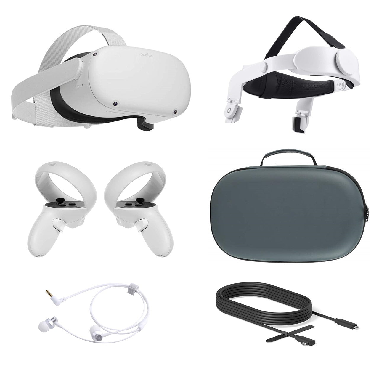 2021 Oculus Quest 2 All-In-One VR Headset, Touch Controllers, 128GB SSD, Glasses Compatible, 3D Audio, Mytrix Head Strap, Carrying Case, Earphone, Link Cable (3M) 2021 Oculus Quest 2 All-In-One VR Headset, Touch Controllers, 128GB SSD, Glasses Compatible, 3D Audio, Mytrix Head Strap, Carrying Case, Earphone, Link Cable (3M)